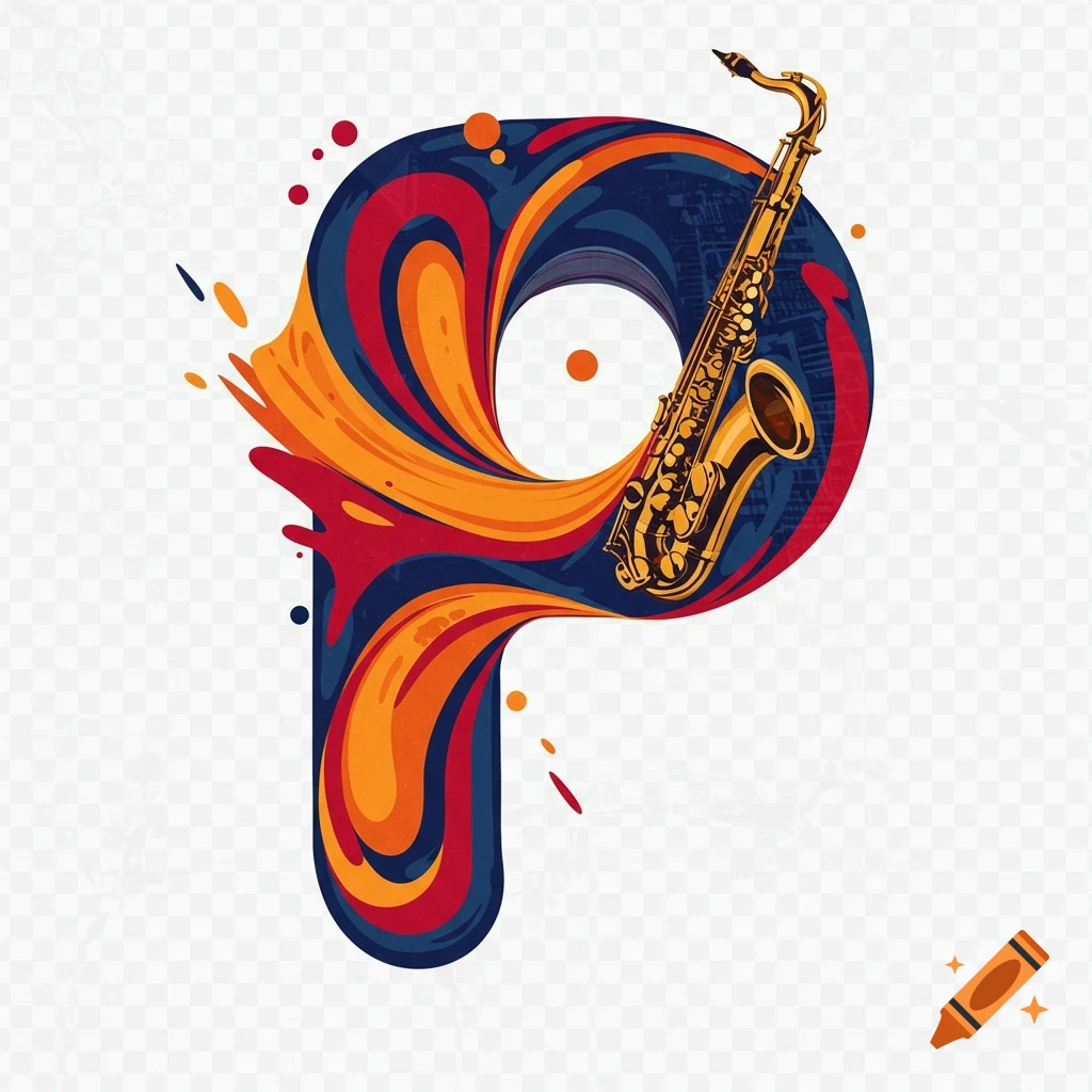 An abstract letter P with colorful swirling lines in red, orange, and blue, featuring a golden saxophone within it.