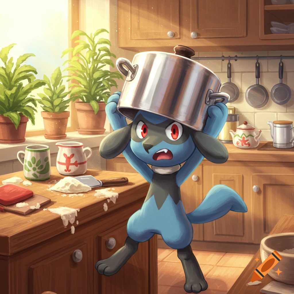 A blue Riolu Pokémon with a metal pot stuck on its head looks frustrated in a messy kitchen with spilled flour.