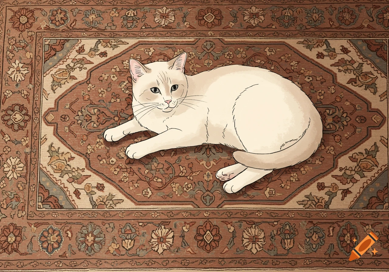A light-colored cat lies on a detailed, patterned oriental rug in a simple drawing style.