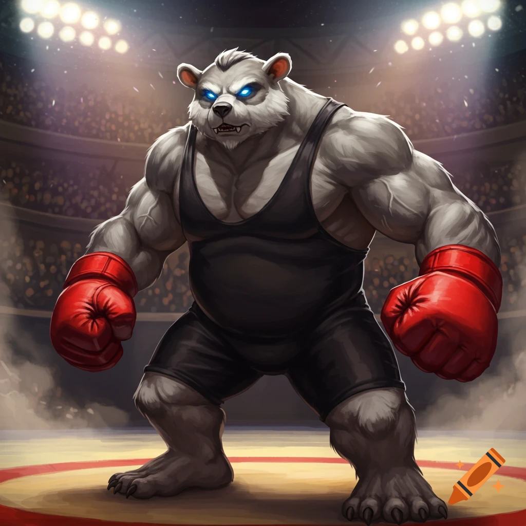 A muscular, white and gray anthropomorphic bear wrestler with glowing blue eyes, wearing a black singlet and red boxing gloves, standing in a wrestling ring in an arena.