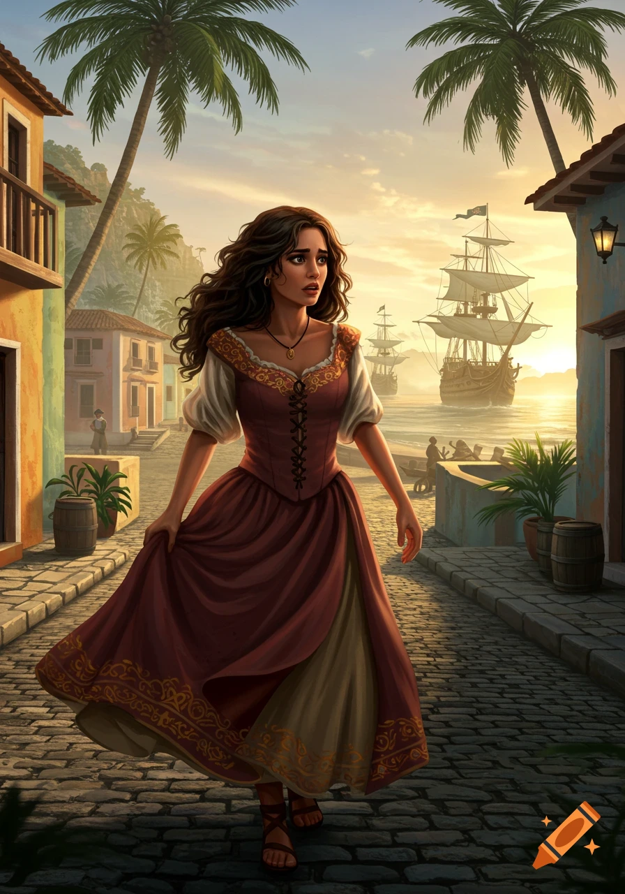 A young woman in a historical dress walks on a cobblestone street in a coastal town with sailing ships at sunset.