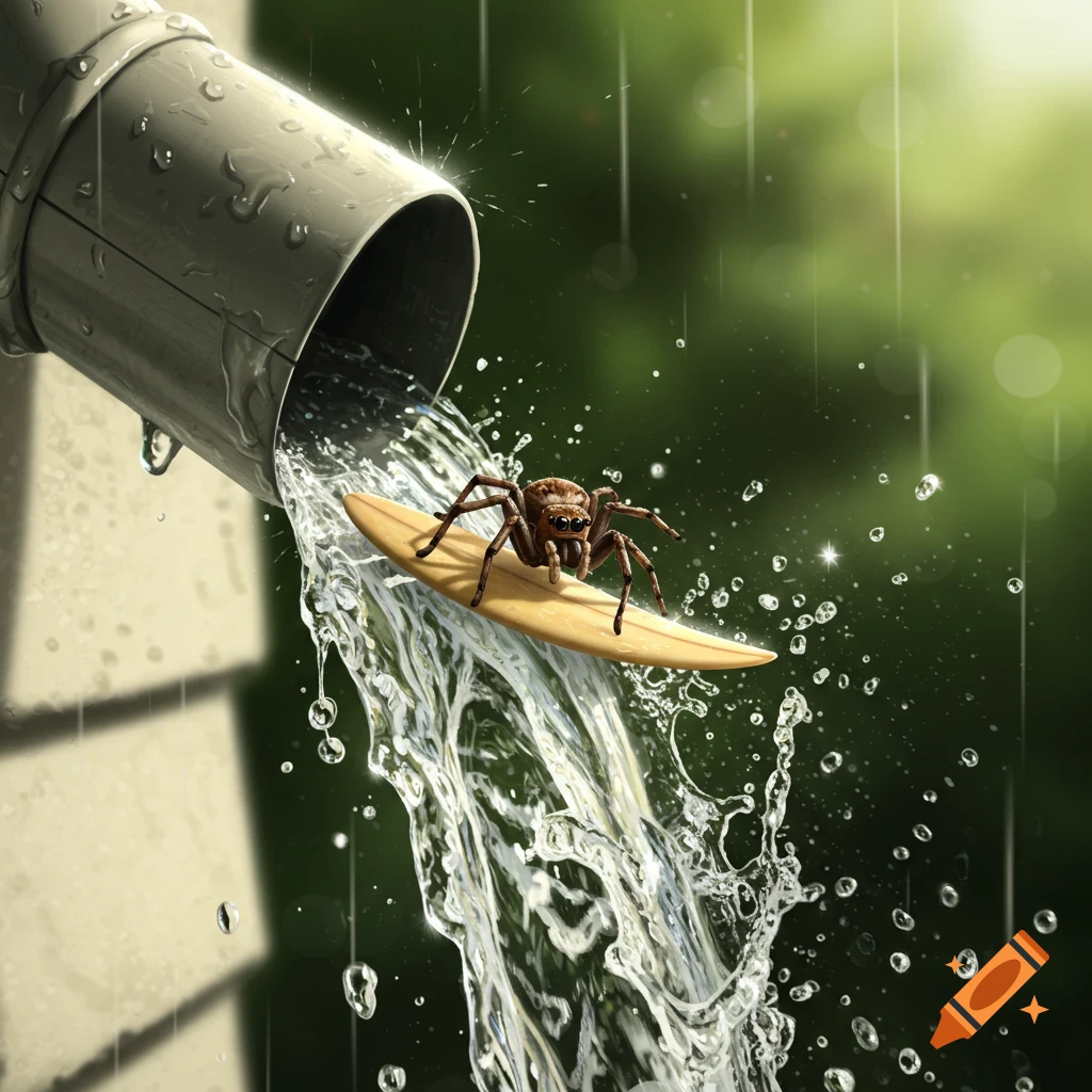 A small, brown jumping spider rides a surfboard down a waterfall of water pouring from a gray rain gutter, with green foliage in the background.