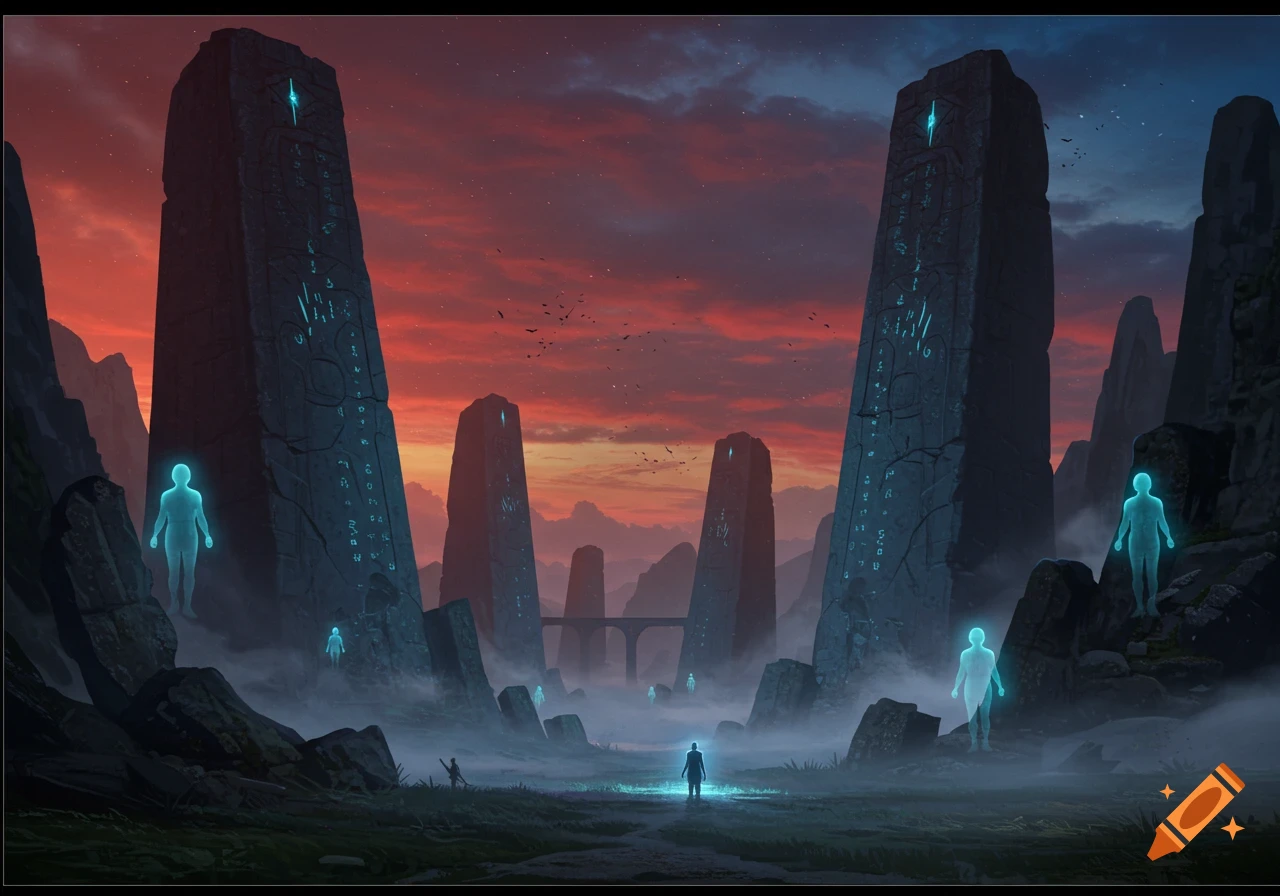 A dark fantasy landscape at dusk with towering black monuments featuring glowing blue runes and several ethereal, glowing blue humanoid figures in a misty valley.
