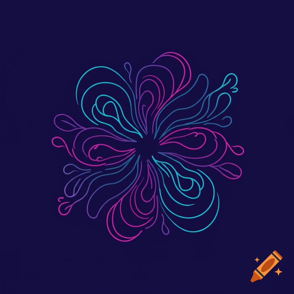 Minimalist psychedelic line art in blue, pink, and purple forming an organic, abstract floral shape against a dark background.