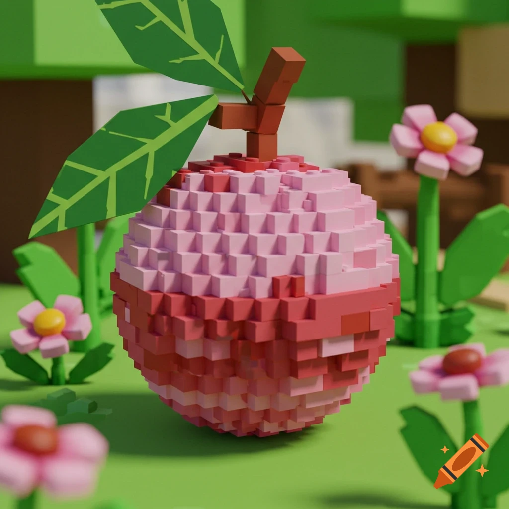 A voxel art lychee fruit with green leaves, made of pink and red blocks, sits in a blocky green garden with pink flowers.