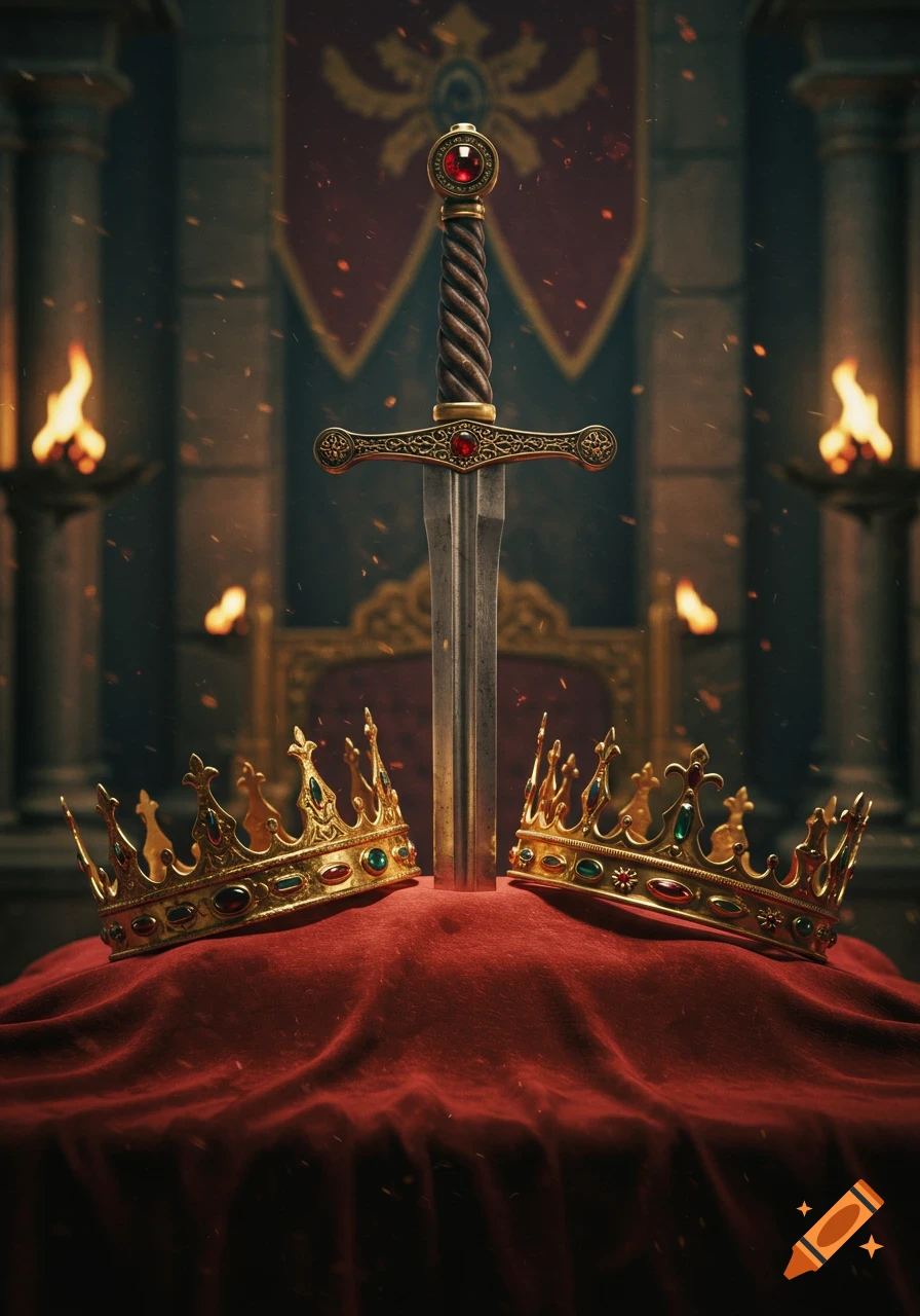 A gleaming sword stands upright between two golden crowns on red velvet in a dimly lit throne room with torches.