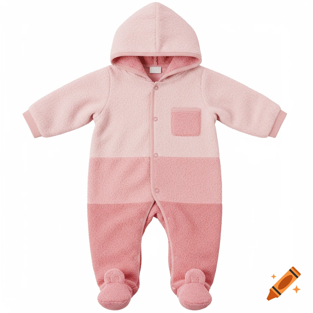 Pink two-toned hooded baby onesie with footies made of towel material and a button-front closure.