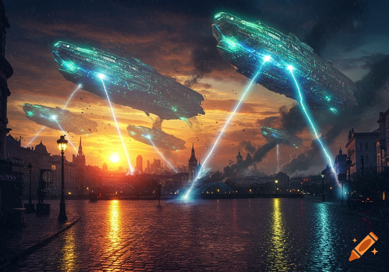 Large alien spaceships hover over a city at sunset, firing glowing blue lasers onto the wet streets.