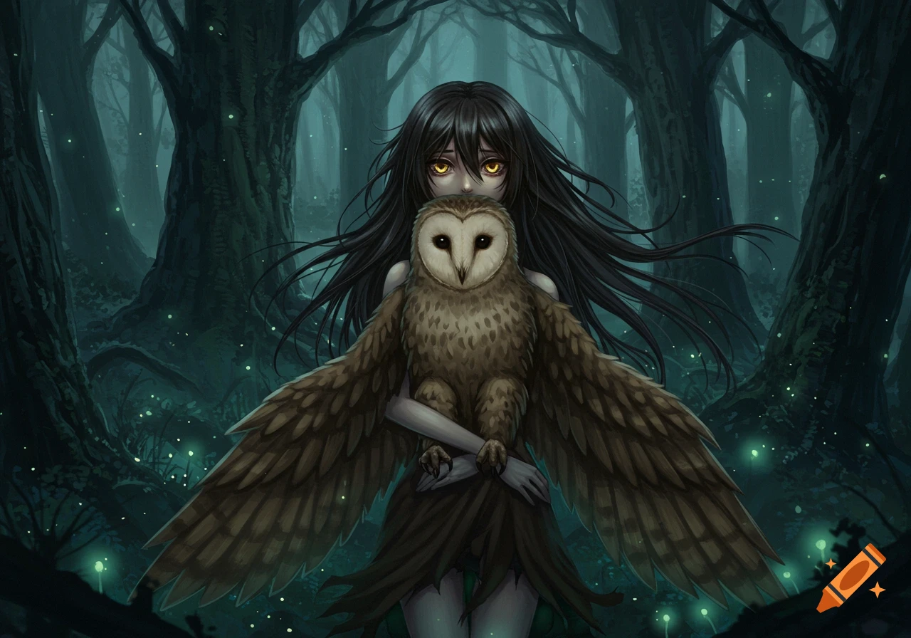 Dark-haired character with glowing yellow eyes holds a barn owl in a misty fantasy forest with glowing lights.