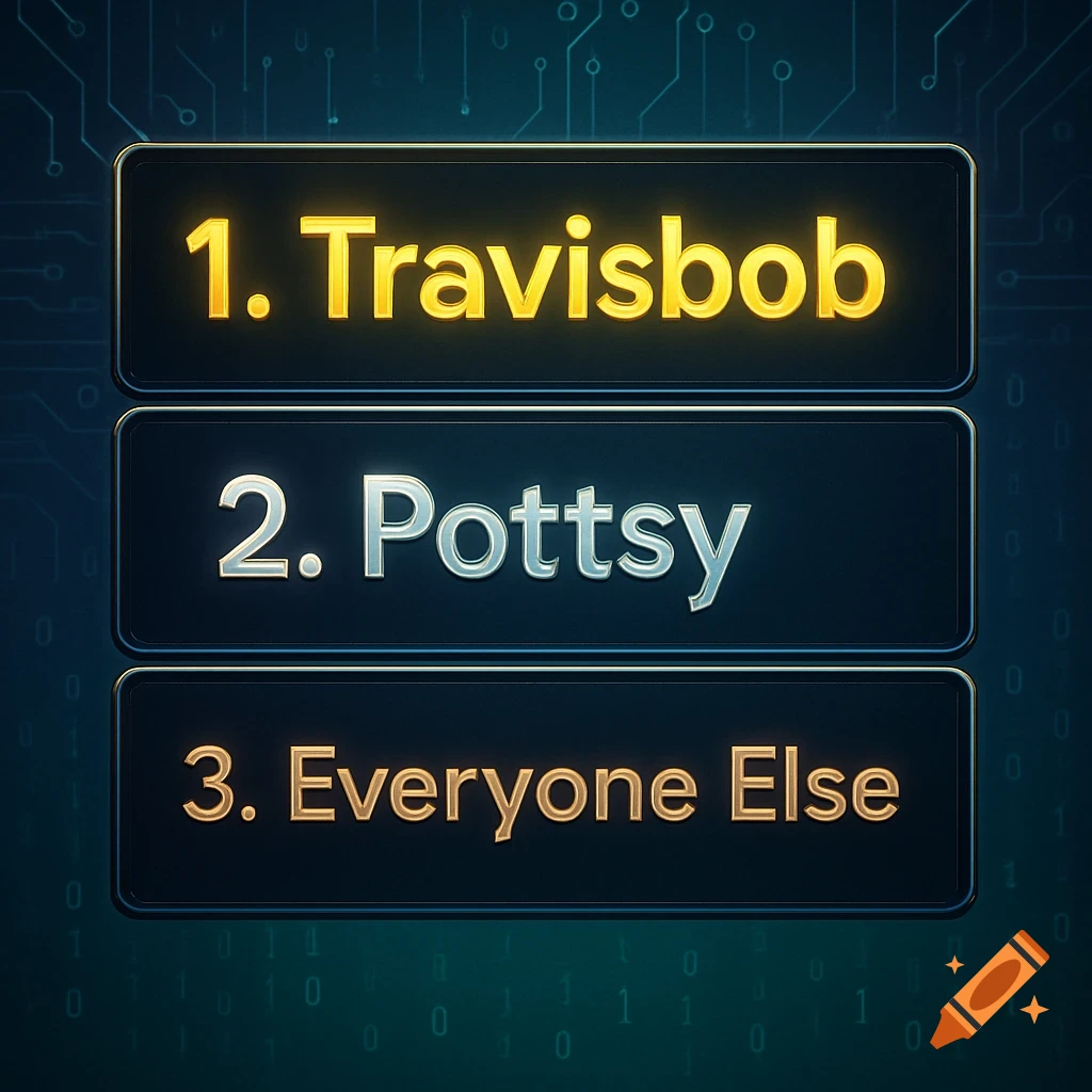 A digital tier list with three glowing buttons: '1. Travisbob', '2. Pottsy', and '3. Everyone Else'.