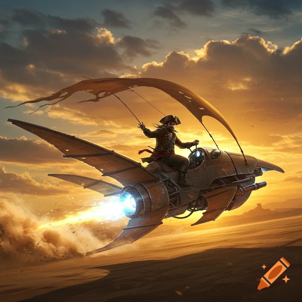 A pirate in a steampunk flying vehicle soars over a desert landscape at sunset.