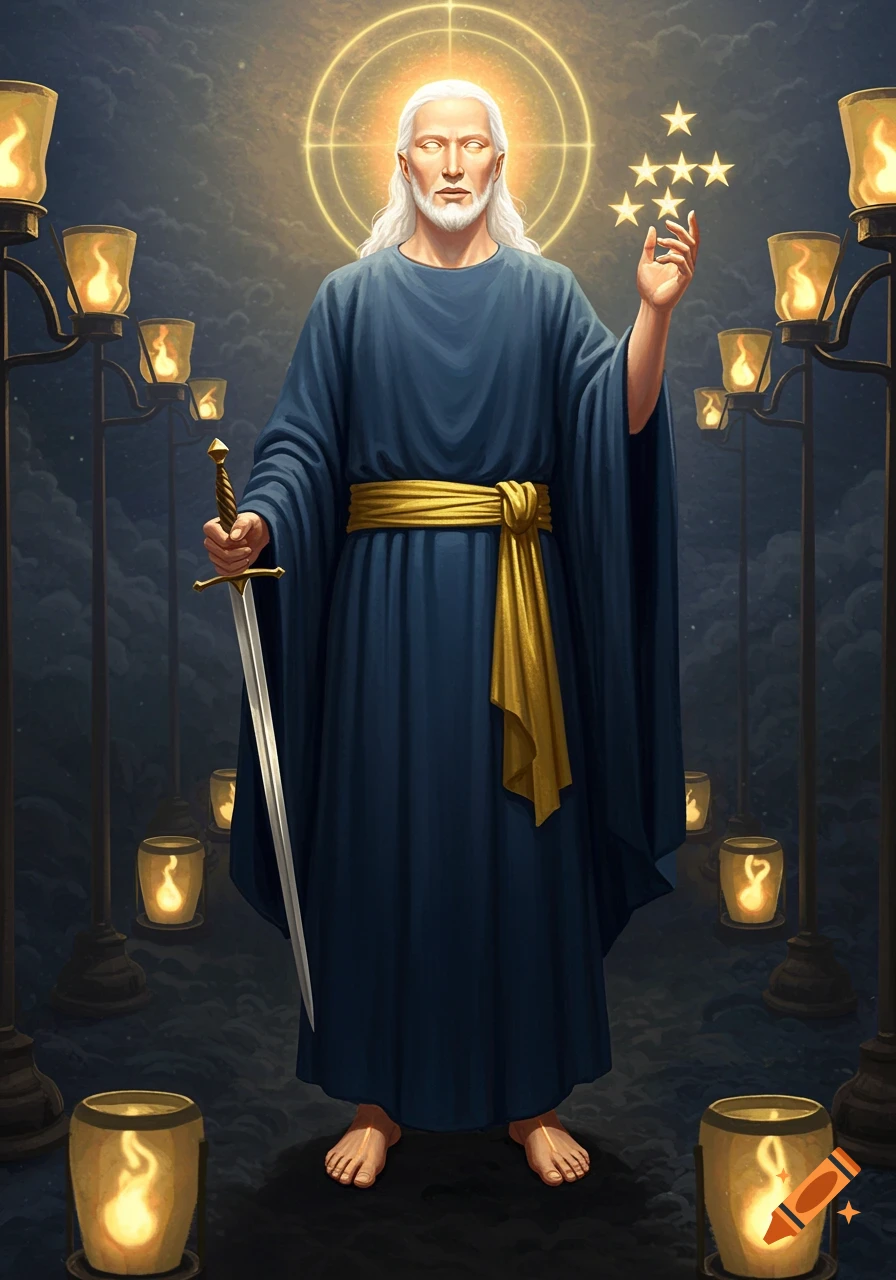 A majestic figure with white hair and glowing eyes, wearing a blue robe with a gold sash, stands holding a sword and stars, surrounded by glowing lanterns.
