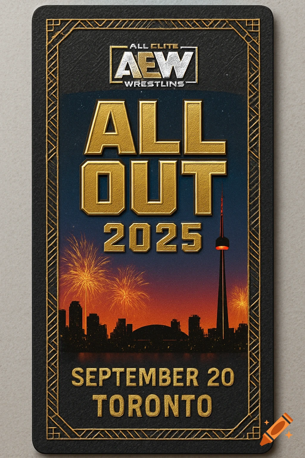 A mock ticket for AEW All Out 2025, showing gold text, the CN Tower, and fireworks over a city skyline.