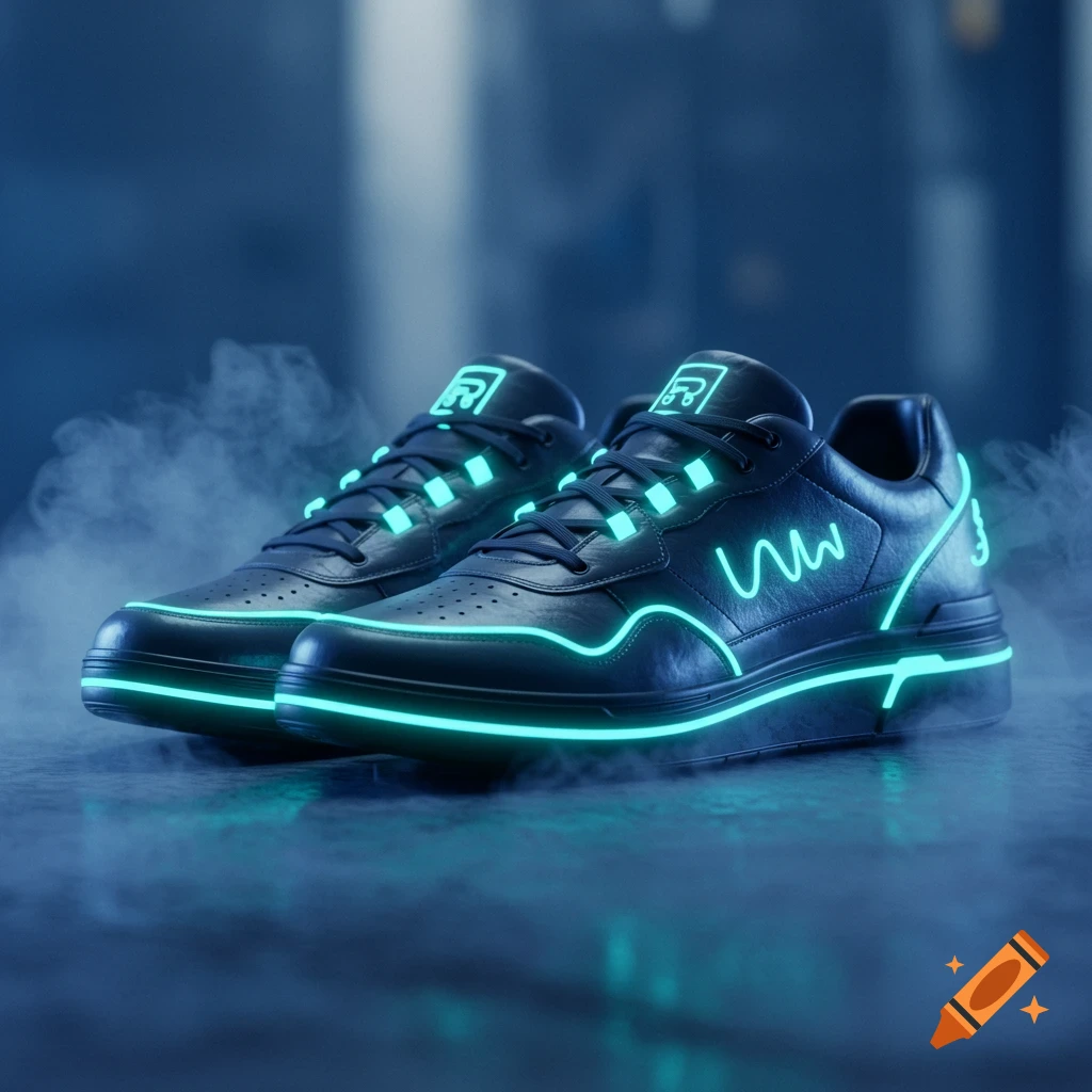 A pair of black sneakers with glowing neon blue lines and accents, sitting in a dark, smoky, futuristic setting.