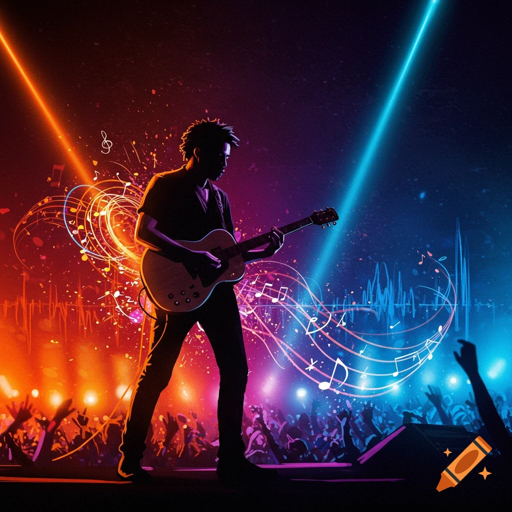 A guitarist playing on stage, silhouetted against vibrant red and blue neon lights with swirling musical notes and a cheering crowd.