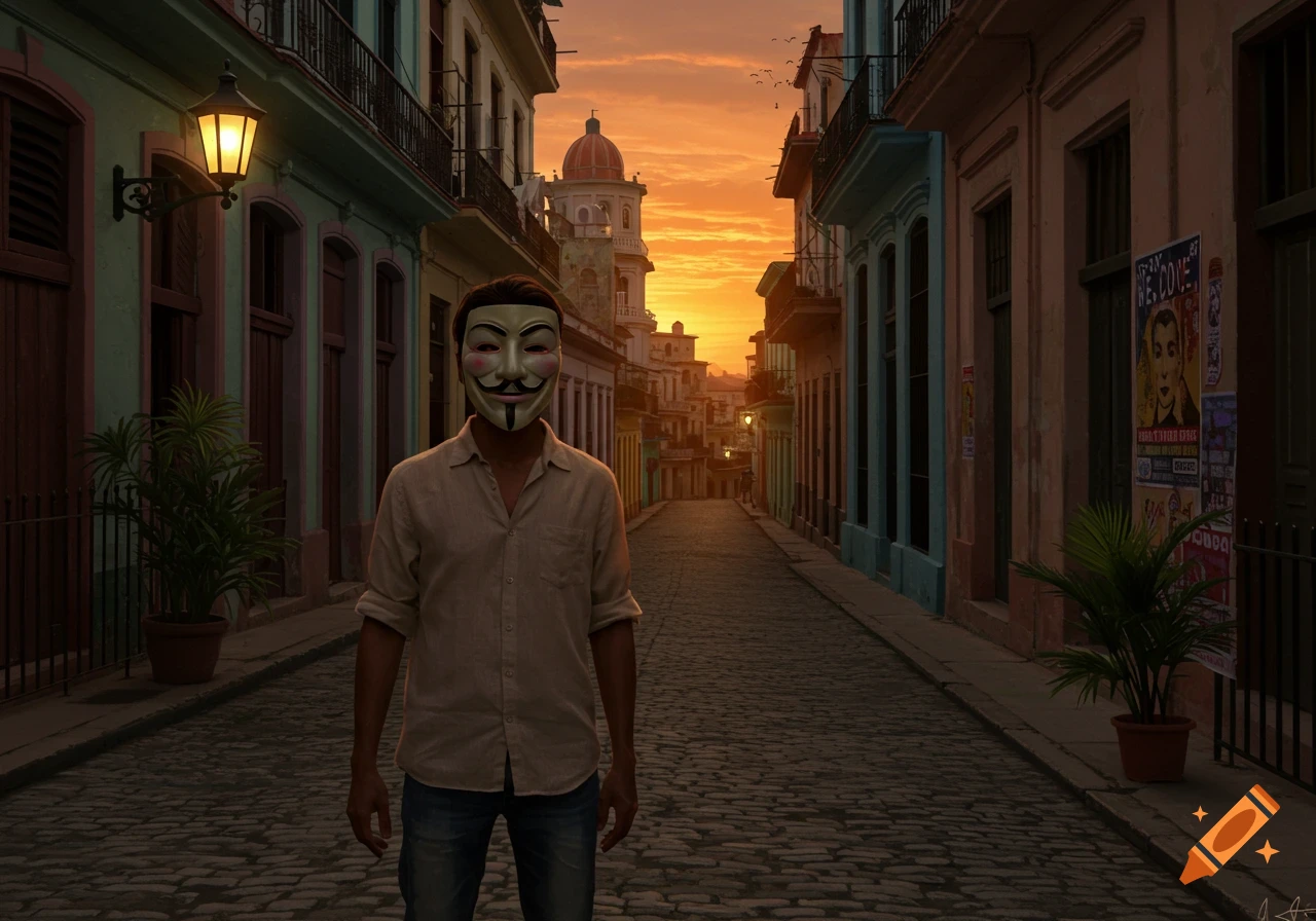 A person in an Anonymous mask stands on a cobblestone street in a city at sunset, with colorful buildings and a distant dome.