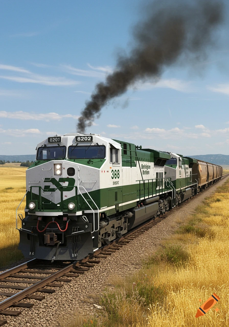 A green and white Burlington Northern Railway EMD SD70ACE locomotive with freight cars travels through a golden field under a blue sky, emitting black smoke.