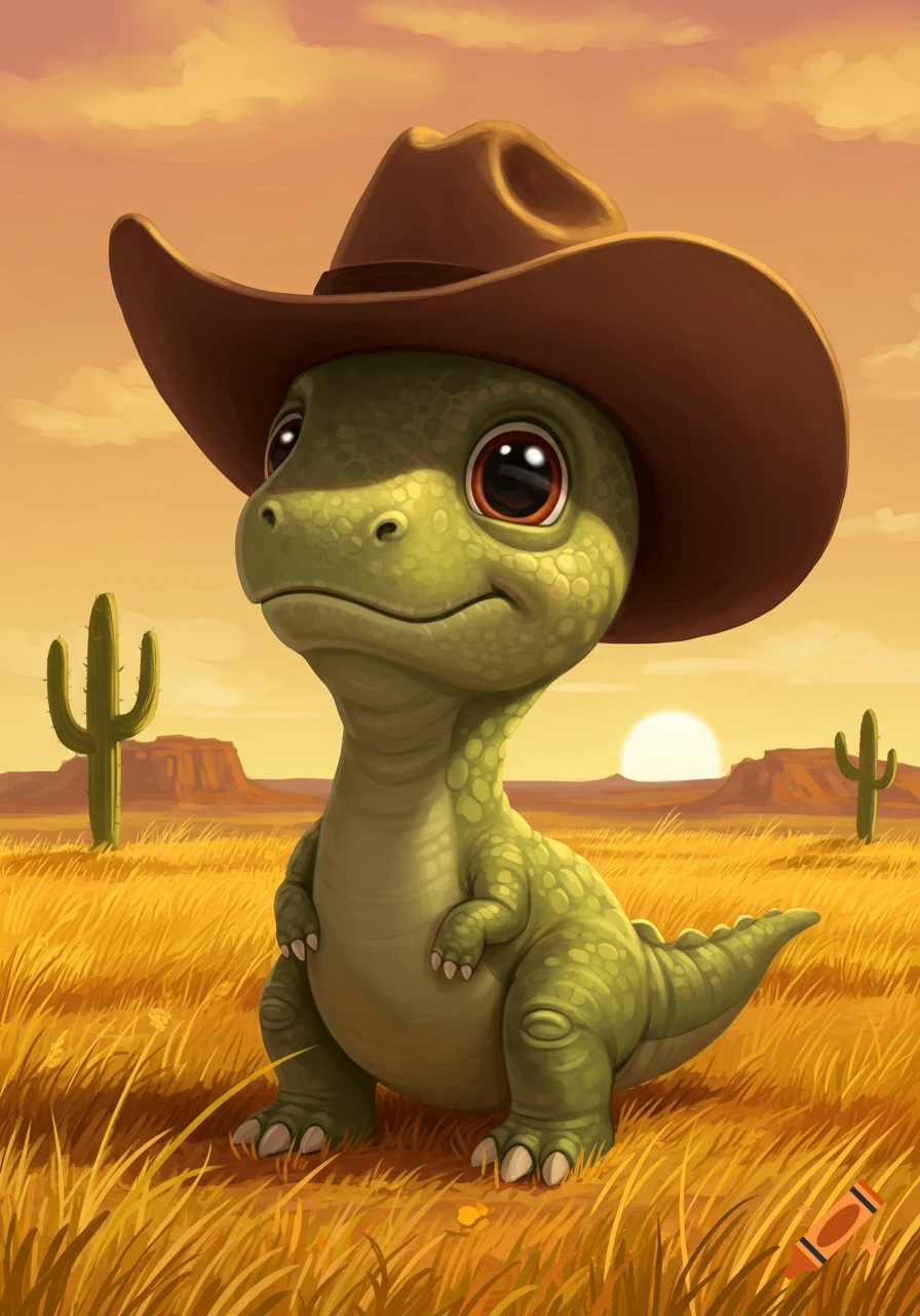 A cute, cartoon baby dinosaur wearing a brown cowboy hat stands in a sunlit desert landscape with cacti and mesas.