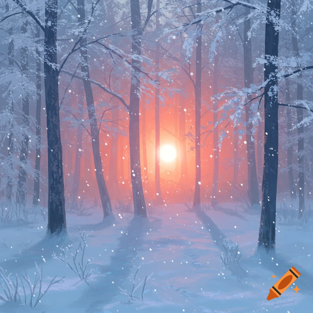 A serene winter forest scene with snow-covered trees and a warm orange sunrise in the background, digital art style.