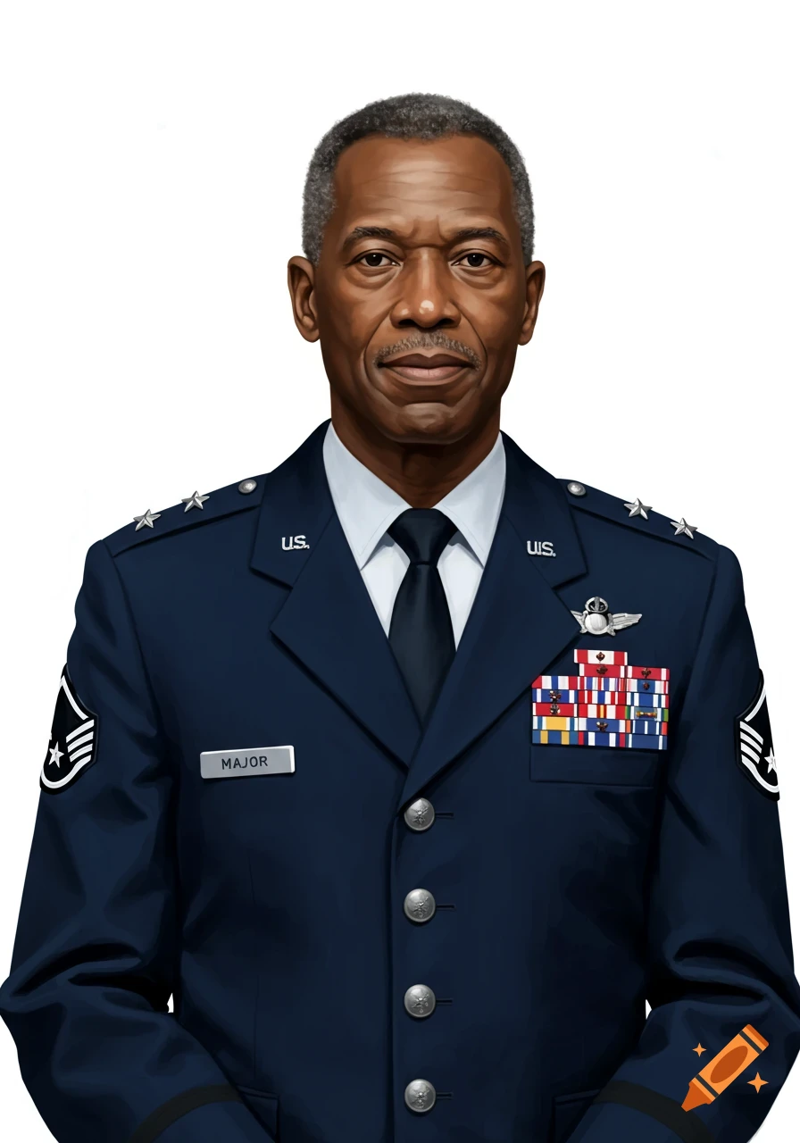 An illustrated portrait of an African American man in a dark blue Air Force uniform with a nameplate reading MAJOR against a white background.