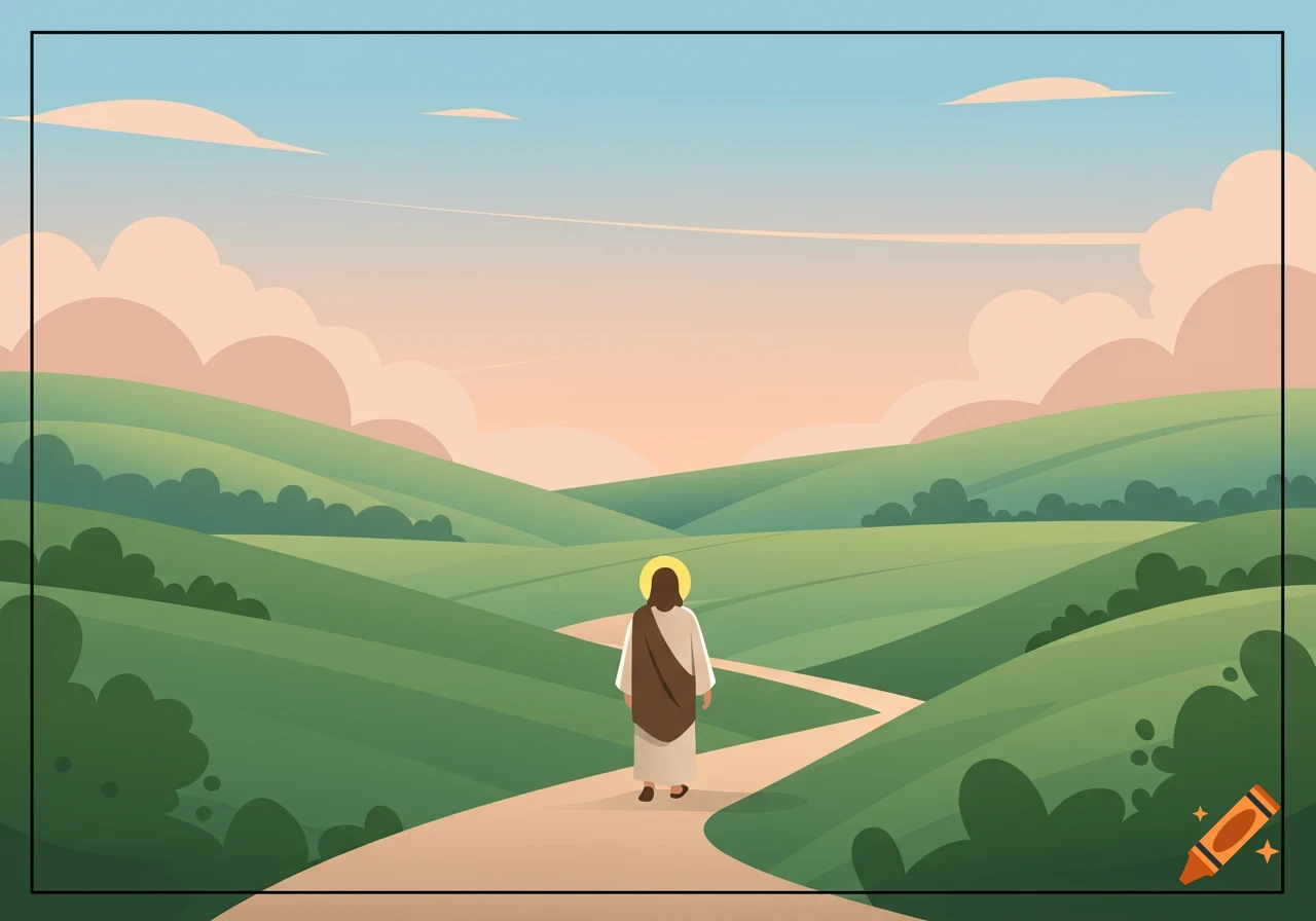 Illustration of Jesus walking away from the viewer on a winding path through green rolling hills under a sky with pink clouds.