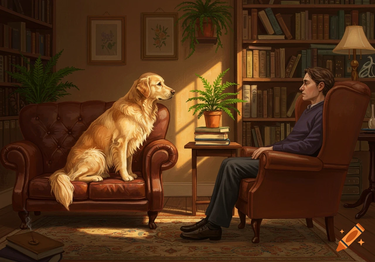 A golden retriever sitting on a leather armchair facing a man in another armchair in a warm, cozy library.