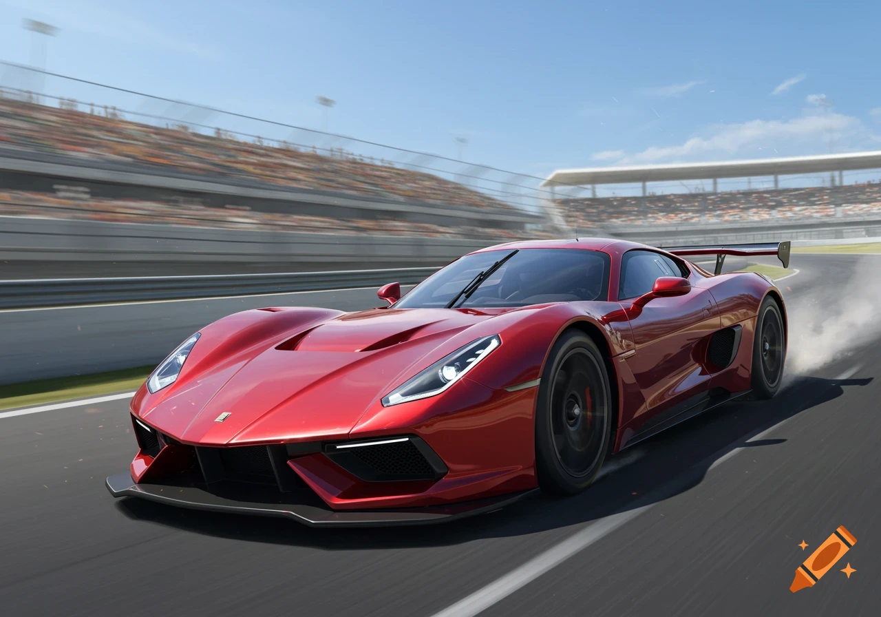 A sleek red sports car racing on a track with motion blur and stadium seating in the background, photorealistic style.
