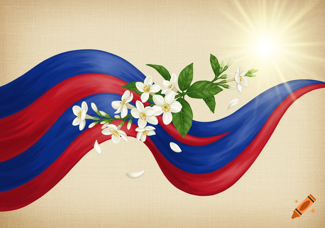 Illustrative depiction of a wavy red and blue banner with white sampaguita flowers and green leaves, under a sunburst.