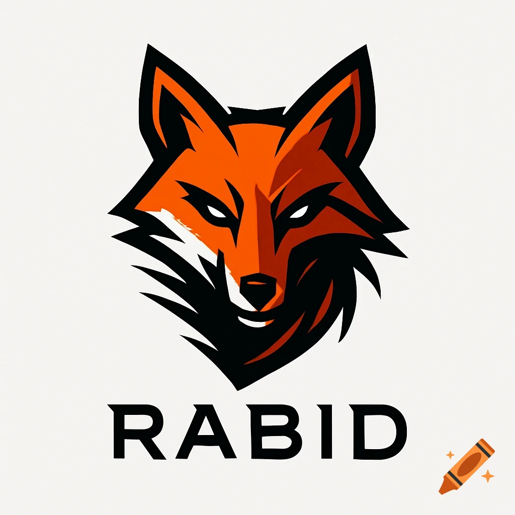 A stylized orange and black fox head logo with sharp edges and white eyes, above the word 'RABID' in bold black letters on a white background.
