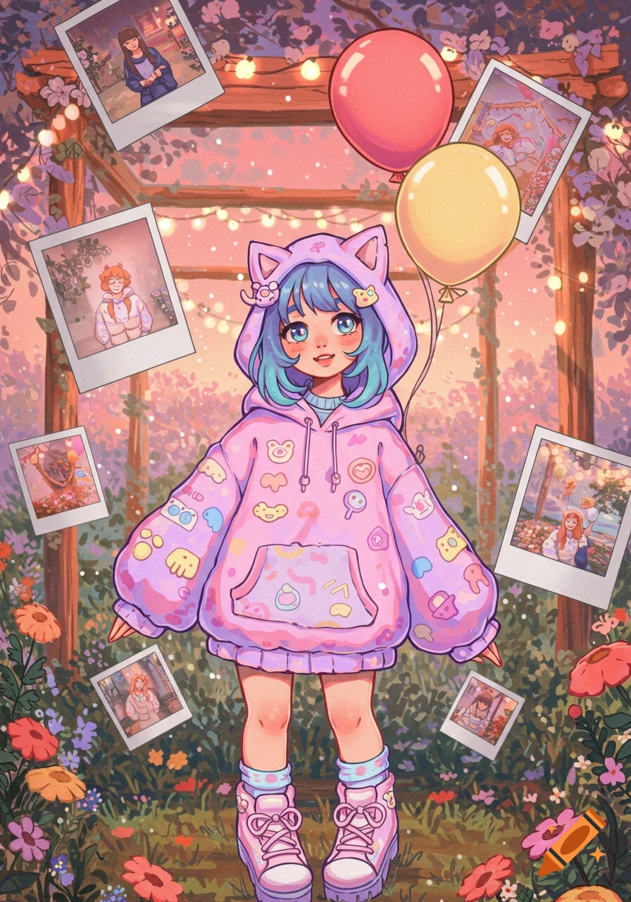 Kawaii anime girl in a pink cat-eared hoodie amidst flowers and balloons, surrounded by floating polaroid photos.