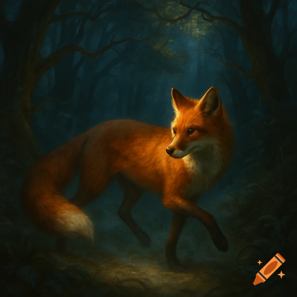 A red fox walks through a dark, enchanting forest, illuminated by a warm glow from above in a painterly style.