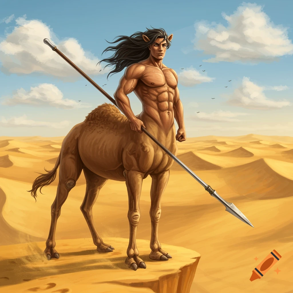 A muscular, long-haired camel-centaur stands on a cliff in a vast desert landscape, holding a long spear.