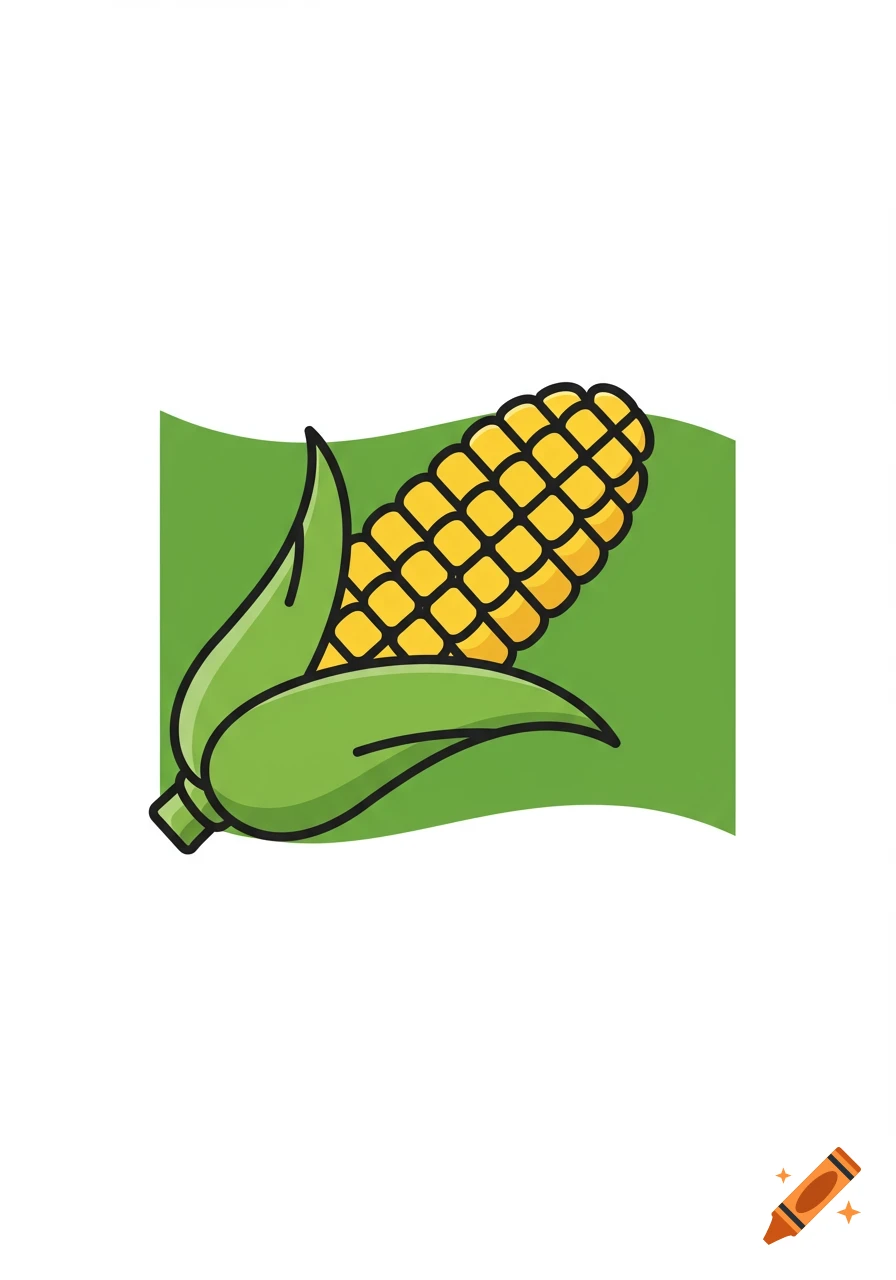 Stylized illustration of an ear of corn with green husks against a waving green flag background.