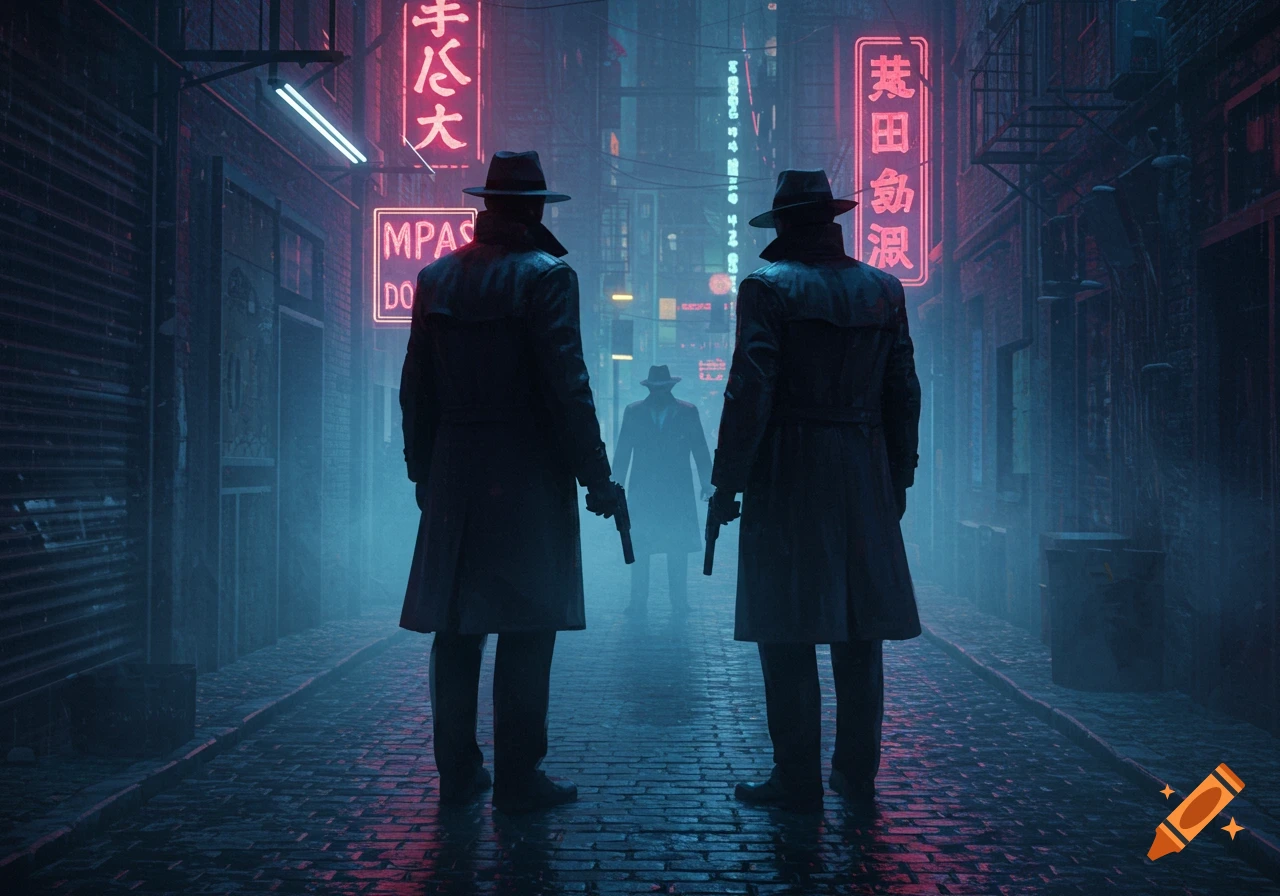Photorealistic image of three men in trench coats and fedoras holding guns in a neon-lit, foggy alleyway at night.