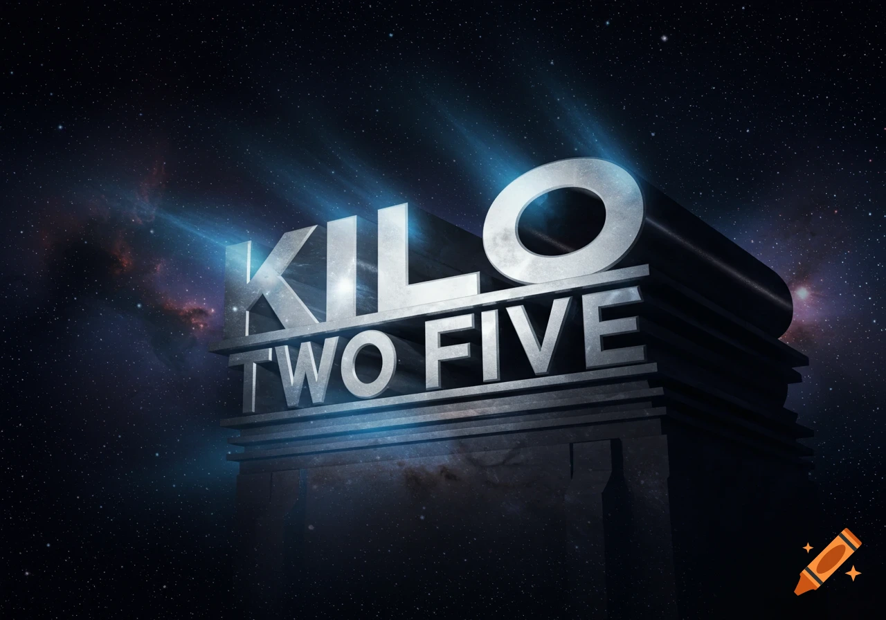 A silver 3D logo with the words 'KILO' and 'TWO FIVE' against a starry blue and purple galaxy background.