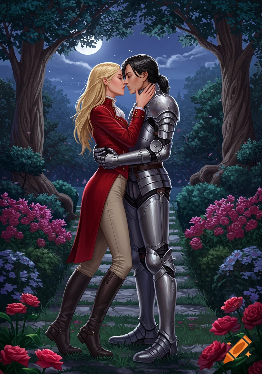 An illustration of a blonde woman in a red coat kissing a knight in armor in a moonlit garden with roses.