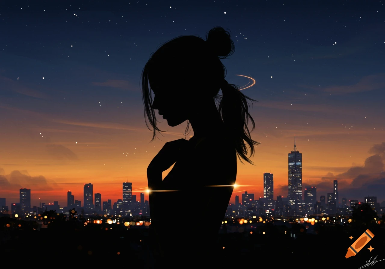 Silhouette of a woman looking down, standing against a vibrant sunset sky and a city skyline at dusk, digital art.