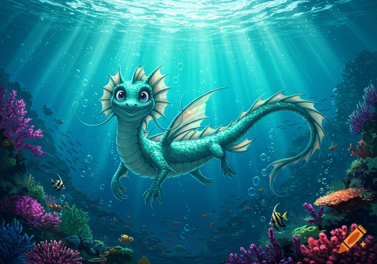 A cute, teal water dragon with large blue eyes swims in a vibrant ocean amidst colorful coral and fish, with sun rays from above.