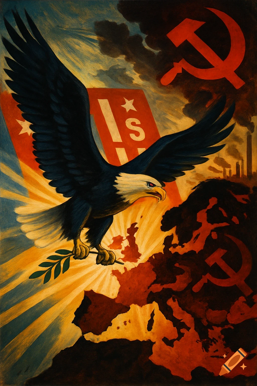 A vintage propaganda poster depicts a bald eagle flying over a stylized map of Europe. The eagle holds an olive branch, with rays of light emanating behind it from the left. In the dark, smoky background, a large red hammer and sickle symbol looms over a burning, distorted map of Eastern Europe.