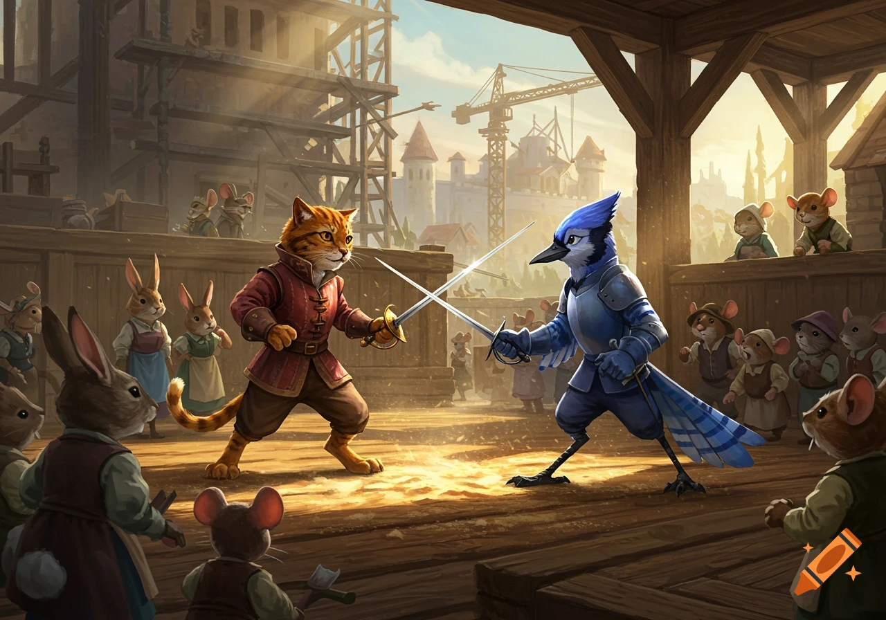 An anthropomorphic cat in red duels a bluejay in blue armor with swords, while bunnies and mice watch in a wooden arena with a castle under construction in the background.