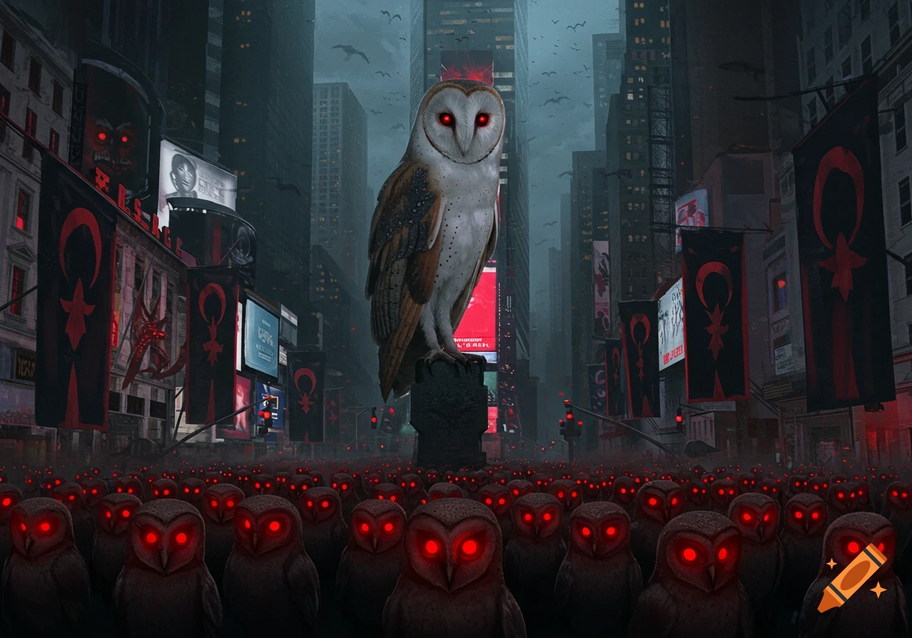 Giant barn owl with red eyes oversees a dark, foreboding Times Square filled with smaller red-eyed owls and buildings draped in black and red crescent flags.