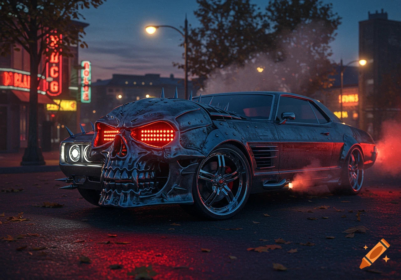 A dark, custom metal skull car with glowing red eyes sits on a city street at night, emitting red smoke.