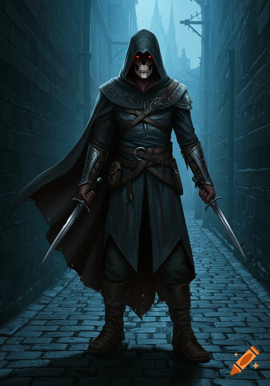 A hooded assassin with a skull mask and glowing red eyes stands in a dark, narrow alleyway, holding two daggers.