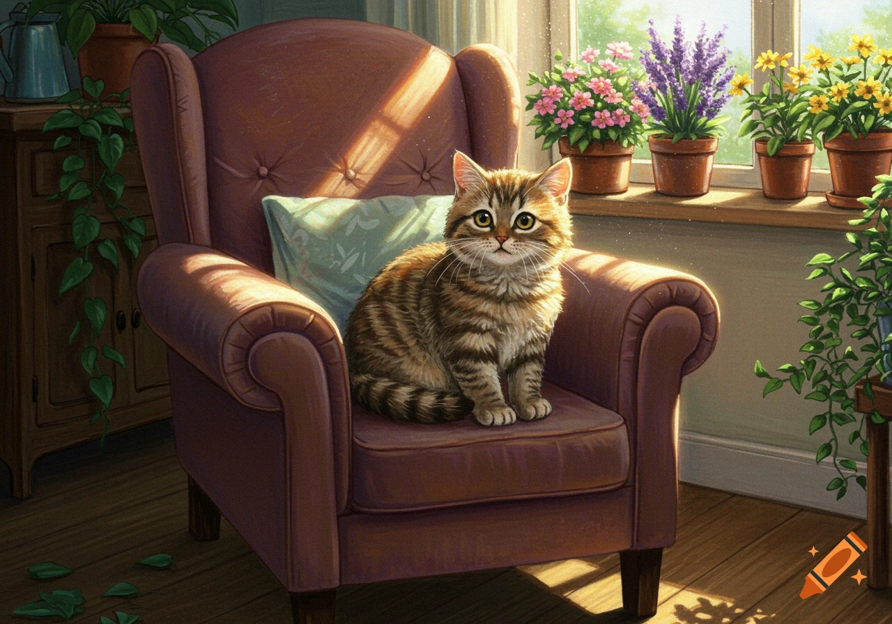 A cute tabby cat sits on a brown armchair in a sunlit room with potted plants by a window.