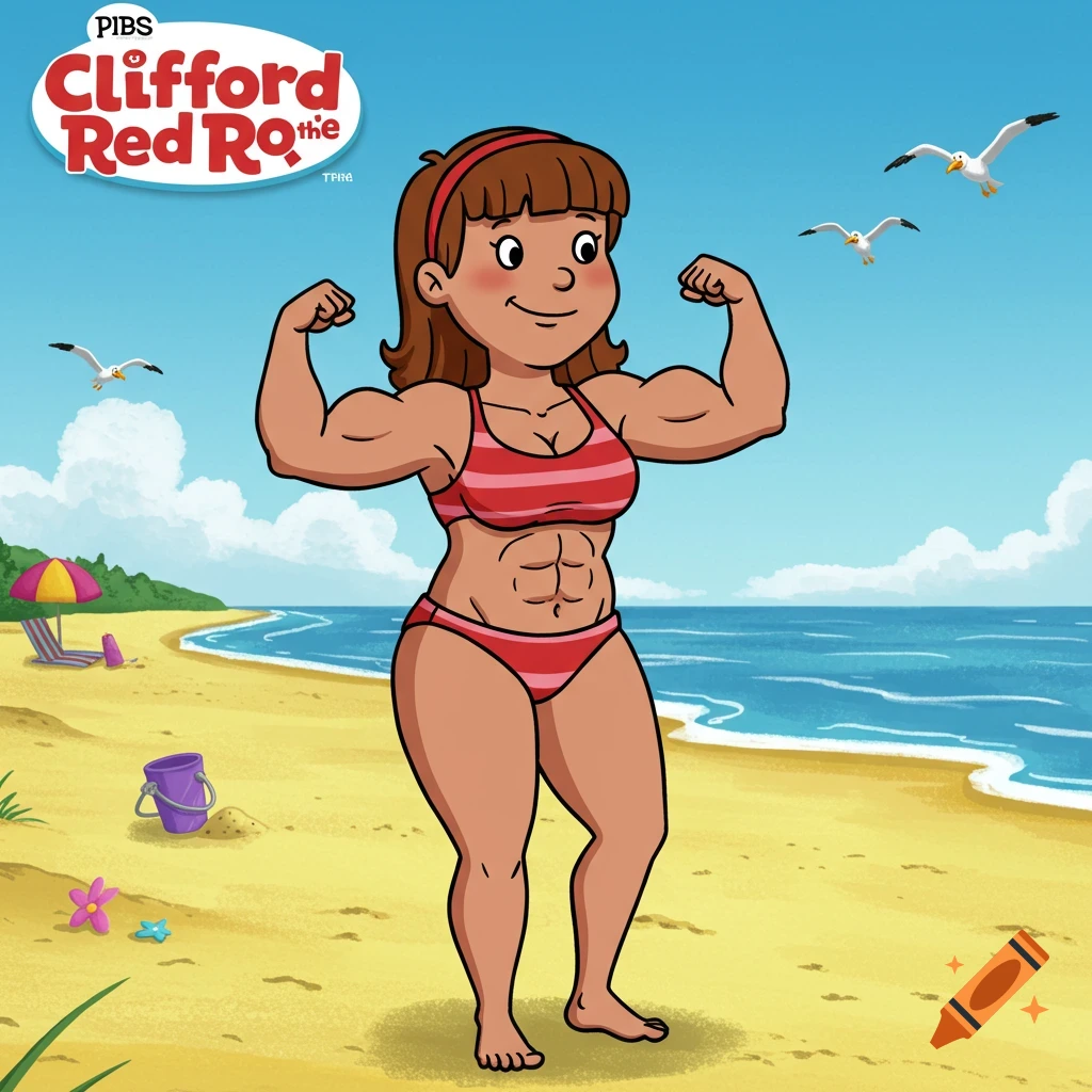 Cartoon of Emily Elizabeth's muscular mom in a red bikini flexing on a sunny beach.