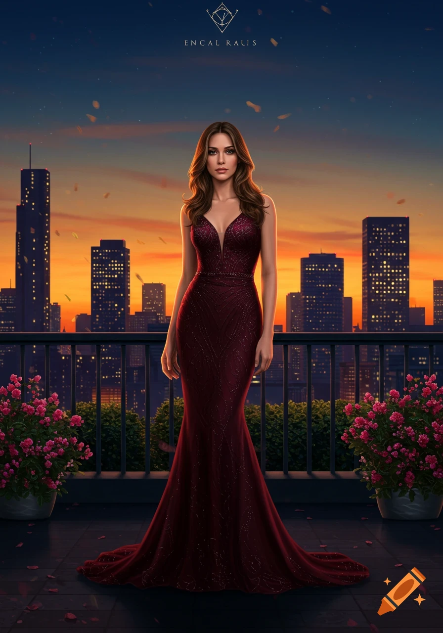 A woman in a dark red evening gown on a balcony with a city skyline at sunset.