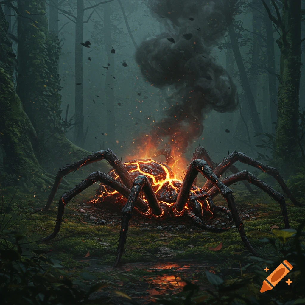 A giant, destroyed spider with glowing lava-like cracks and smoke rising from its body lies on a mossy forest floor.