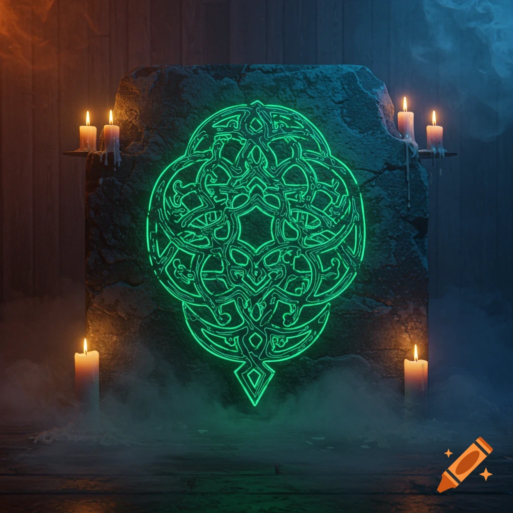 A glowing green eldritch sigil etched onto a stone slab, surrounded by lit candles and wisps of smoke in a dark, eerie room.