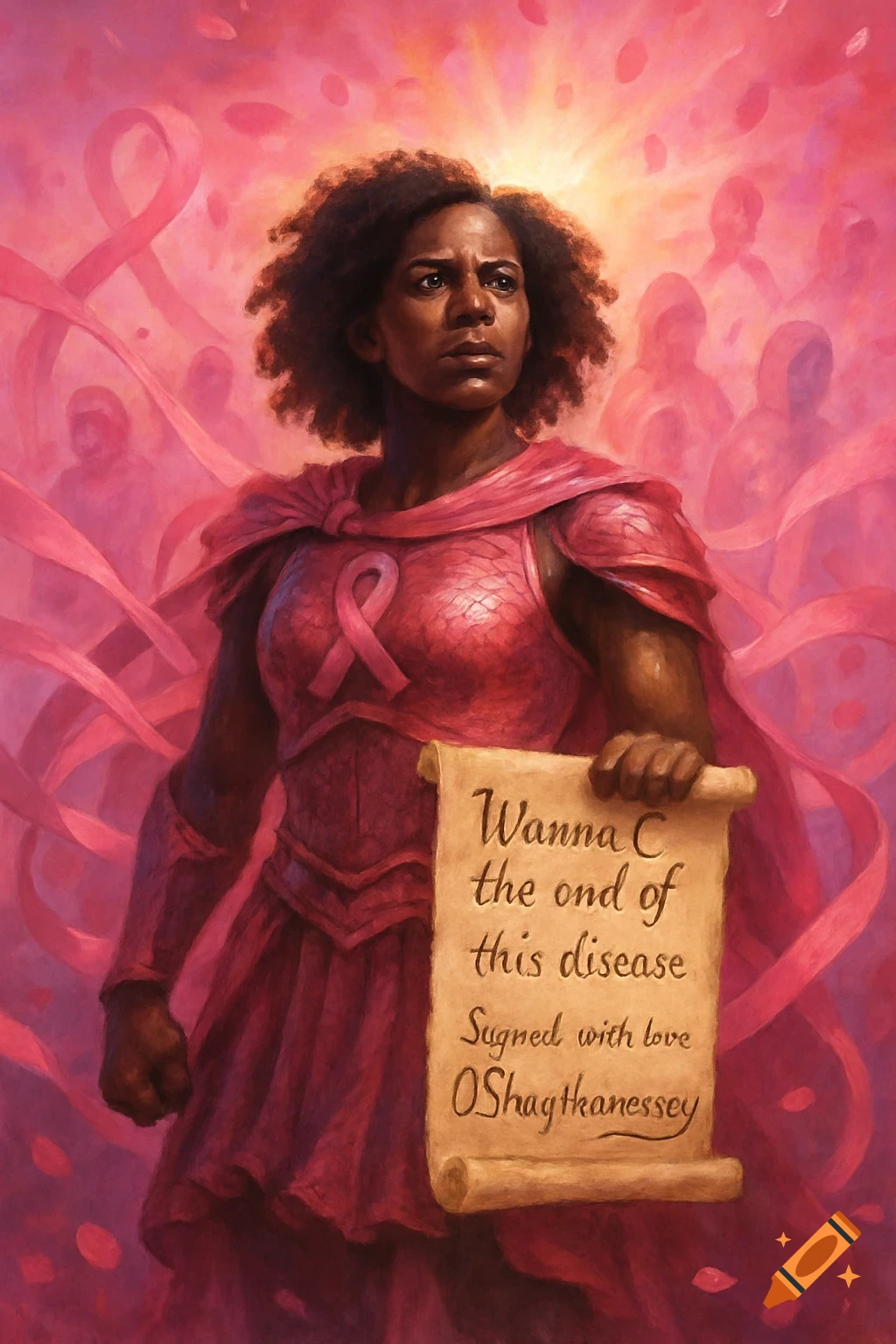 A powerful Black woman in pink armor and cape holds a scroll, standing against a pink, ribbon-filled background with blurred figures.