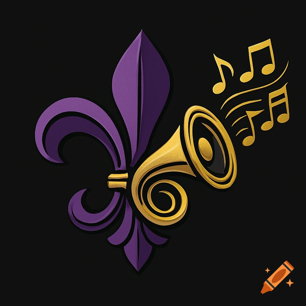 A stylized purple fleur-de-lis intertwined with a golden trumpet emitting golden music notes, on a black background.